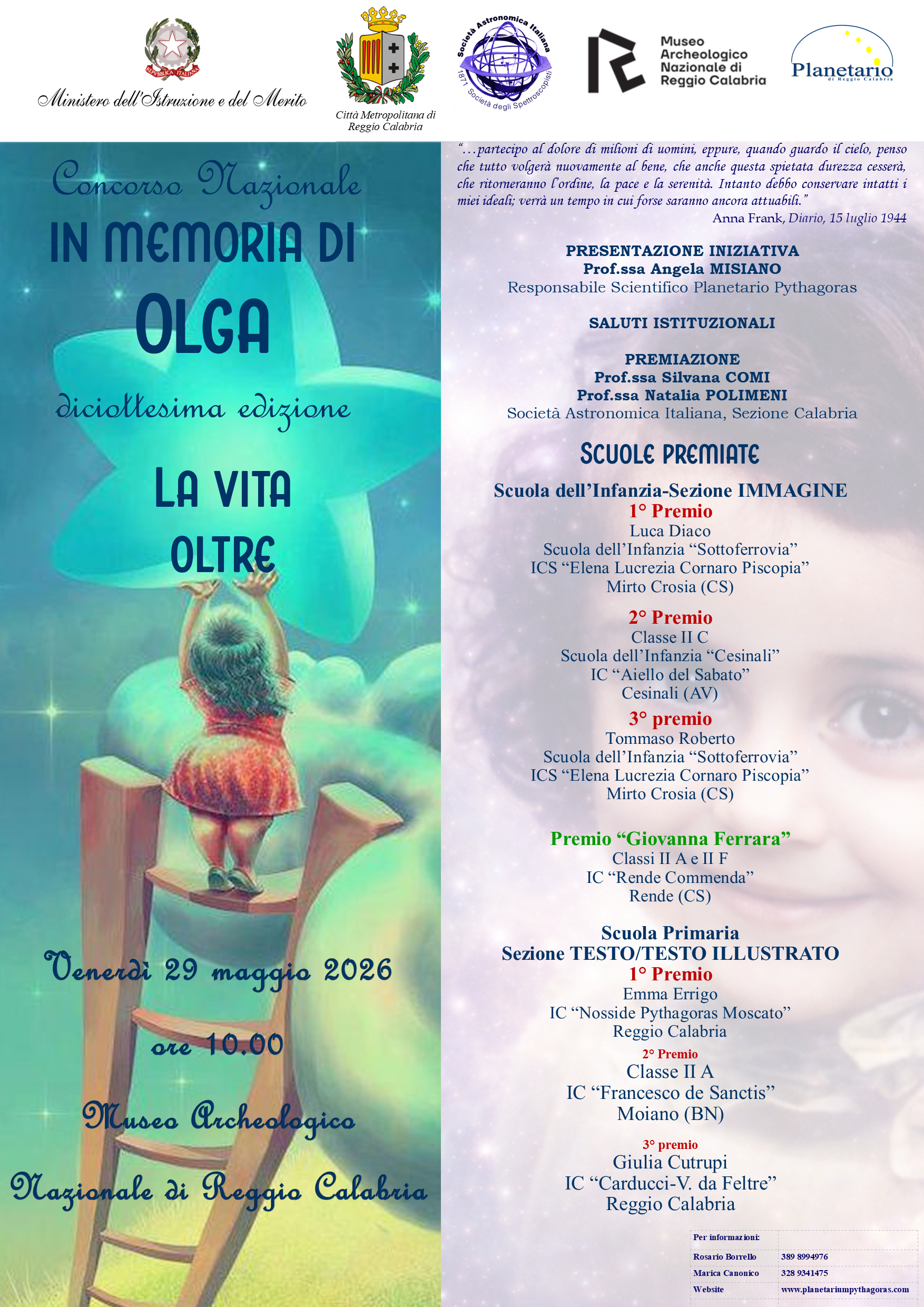 Venerd� 29 maggio la premiazione del concorso nazionale �In memoria di Olga: la vita oltre�